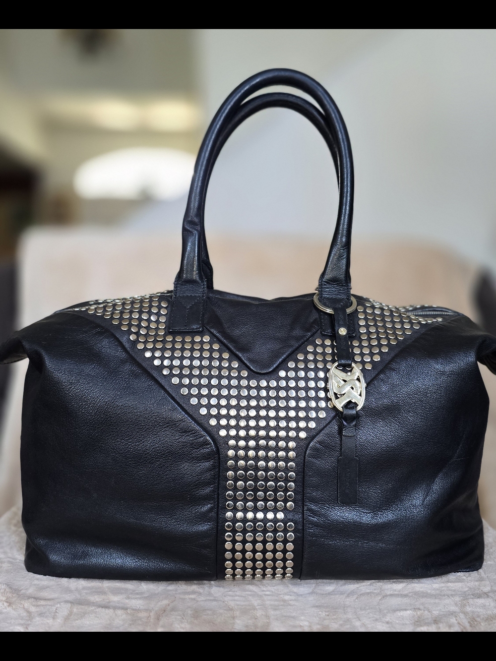 Yves Saint Laurent Rive Gauche Black Studded Travel Weekender Bag
